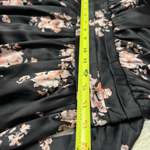 Pinch Women’s Black Satin Smoked Maxi Slit Floral Long Sleeve V Neck Dress Med - Picture 6 of 15